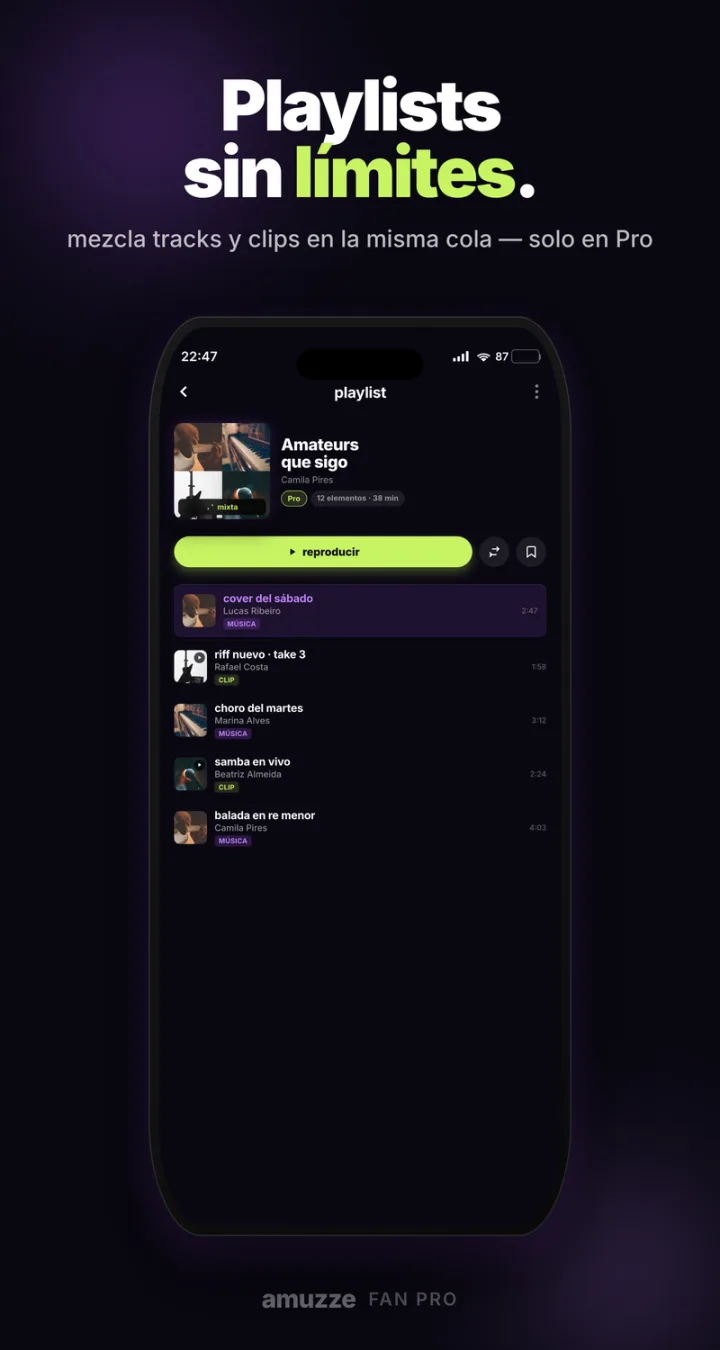Playlists sin límites — mezcla canciones y clips en la misma cola